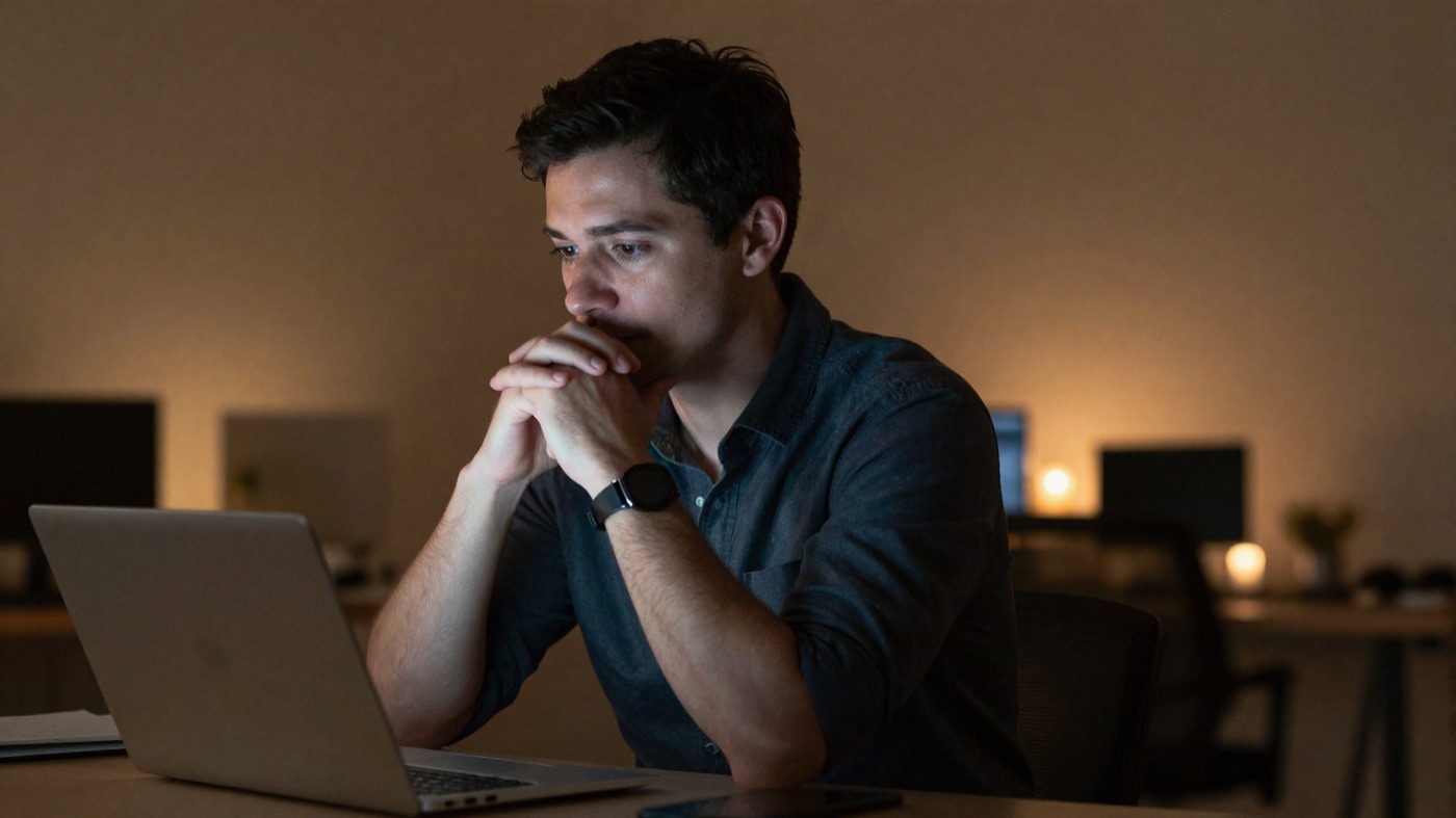 Generated still: a portrait at a desk lit from a window on the left