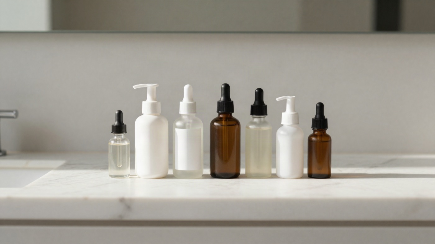Generated still: a skincare range arranged on a pale surface