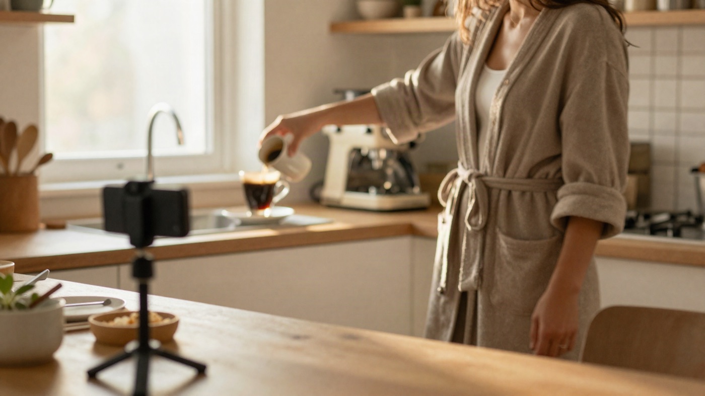 Generated video frame: a morning routine shot from the hip